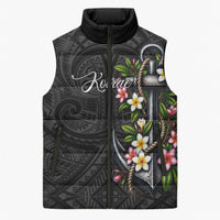 Kosrae Nautical Heritage Sleeveless Puffer Jacket Polynesian Tribal Anchor With Plumeria Tropical Art TS04 Unisex Black Grey - Polynesian Pride