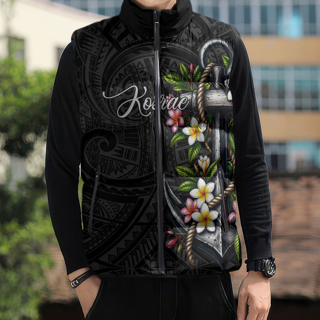 Kosrae Nautical Heritage Sleeveless Puffer Jacket Polynesian Tribal Anchor With Plumeria Tropical Art TS04 - Polynesian Pride