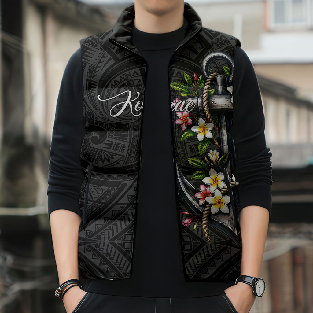 Kosrae Nautical Heritage Sleeveless Puffer Jacket Polynesian Tribal Anchor With Plumeria Tropical Art TS04 - Polynesian Pride