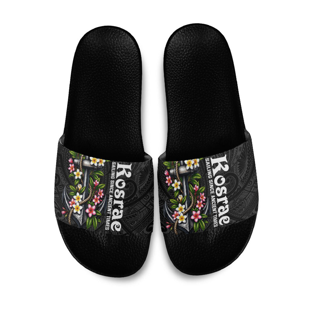 Kosrae Nautical Heritage Slide Sandals Polynesian Tribal Anchor With Plumeria Tropical Art TS04 Black Grey - Polynesian Pride