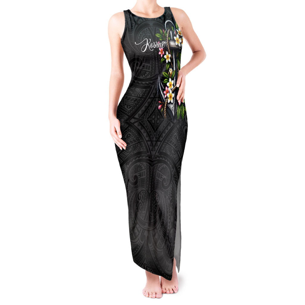 Kosrae Nautical Heritage Tank Maxi Dress Polynesian Tribal Anchor With Plumeria Tropical Art TS04 Women Black Grey - Polynesian Pride