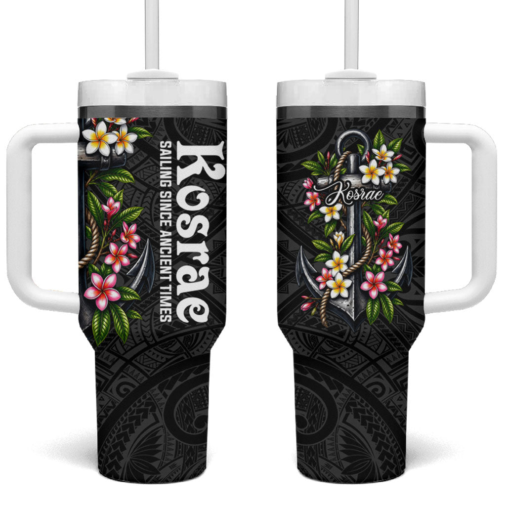 Kosrae Nautical Heritage Tumbler With Handle Polynesian Tribal Anchor With Plumeria Tropical Art TS04 One Size: 40 oz Black Grey - Polynesian Pride