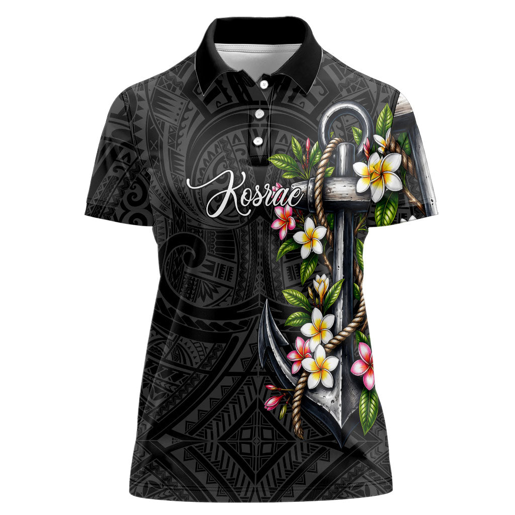 Kosrae Nautical Heritage Women Polo Shirt Polynesian Tribal Anchor With Plumeria Tropical Art TS04 Female Black Grey - Polynesian Pride