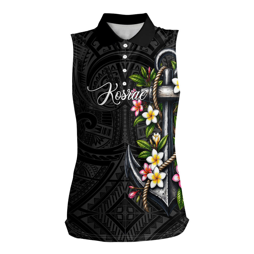 Kosrae Nautical Heritage Women Sleeveless Polo Shirt Polynesian Tribal Anchor With Plumeria Tropical Art TS04 Female Black Grey - Polynesian Pride