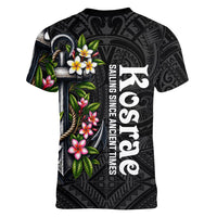 Kosrae Nautical Heritage Women V-Neck T-Shirt Polynesian Tribal Anchor With Plumeria Tropical Art