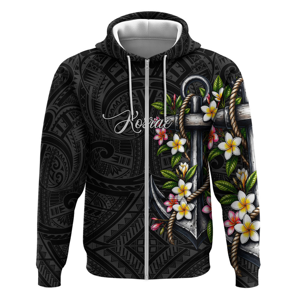 Kosrae Nautical Heritage Zip Hoodie Polynesian Tribal Anchor With Plumeria Tropical Art TS04 Zip Hoodie Black Grey - Polynesian Pride