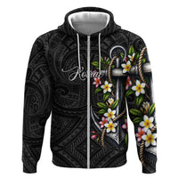 Kosrae Nautical Heritage Zip Hoodie Polynesian Tribal Anchor With Plumeria Tropical Art