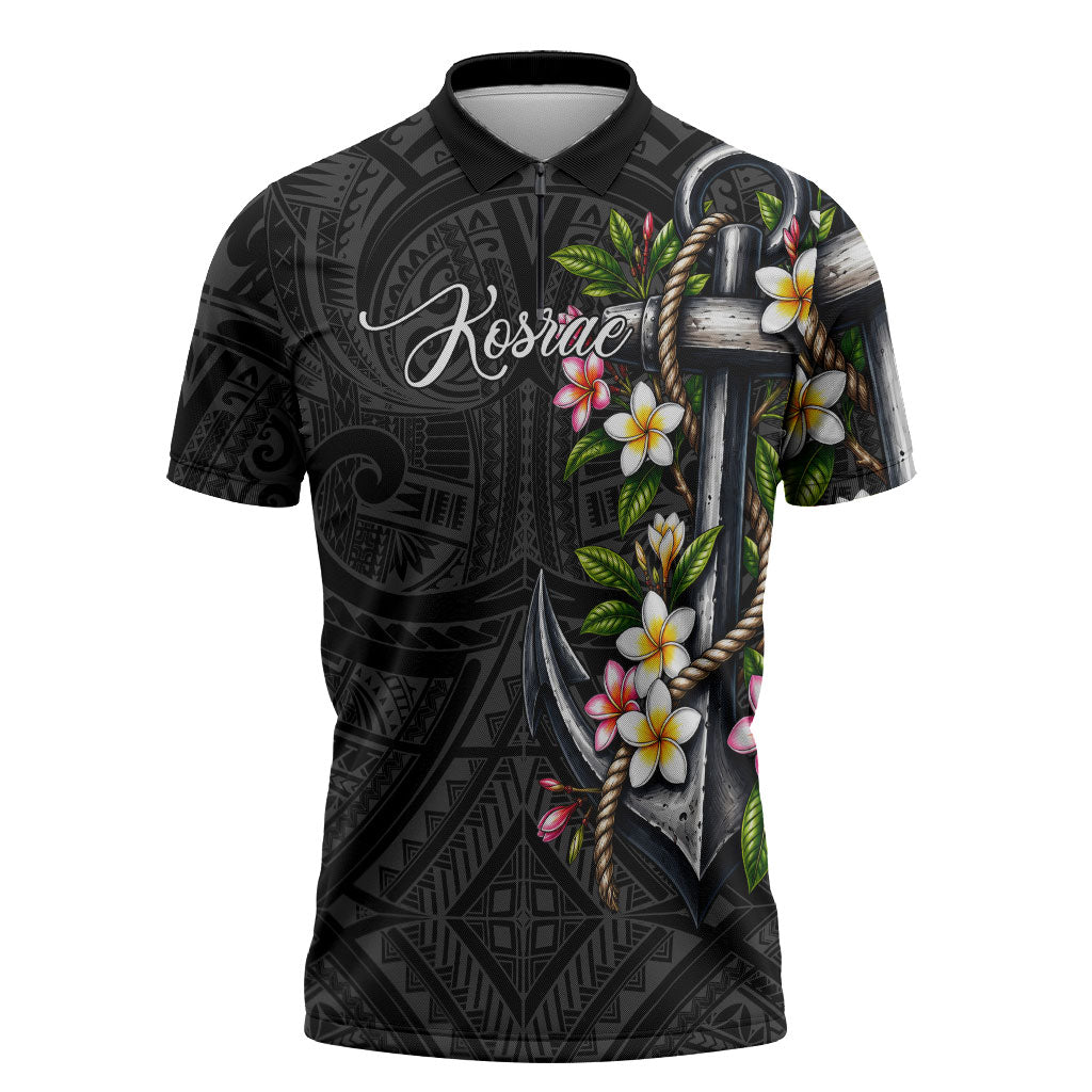 Kosrae Nautical Heritage Zipper Polo Shirt Polynesian Tribal Anchor With Plumeria Tropical Art TS04 Black Grey - Polynesian Pride