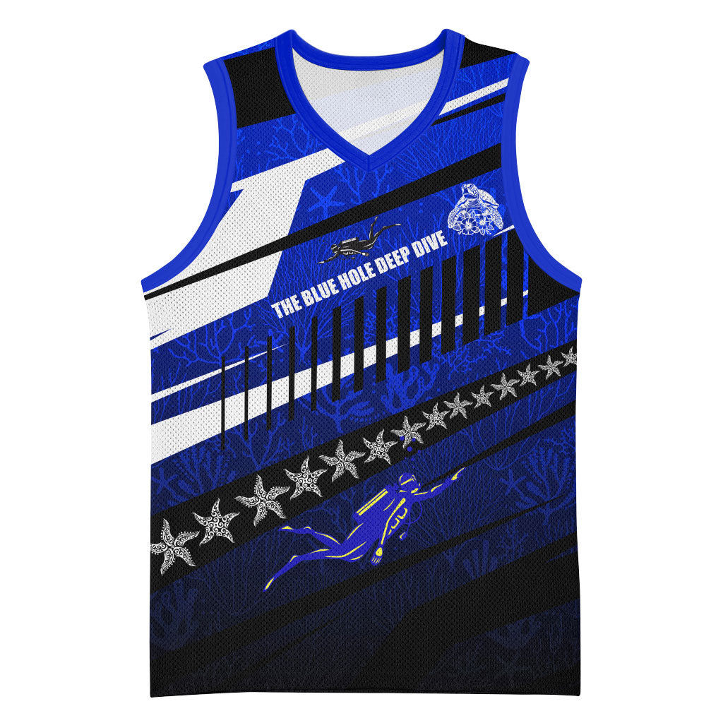 Kosrae Deep Sea Scuba Diving Basketball Jersey Blue Hole Beneath The Surface Coral Reef Graphic Art TS04 Unisex Blue Black - Polynesian Pride