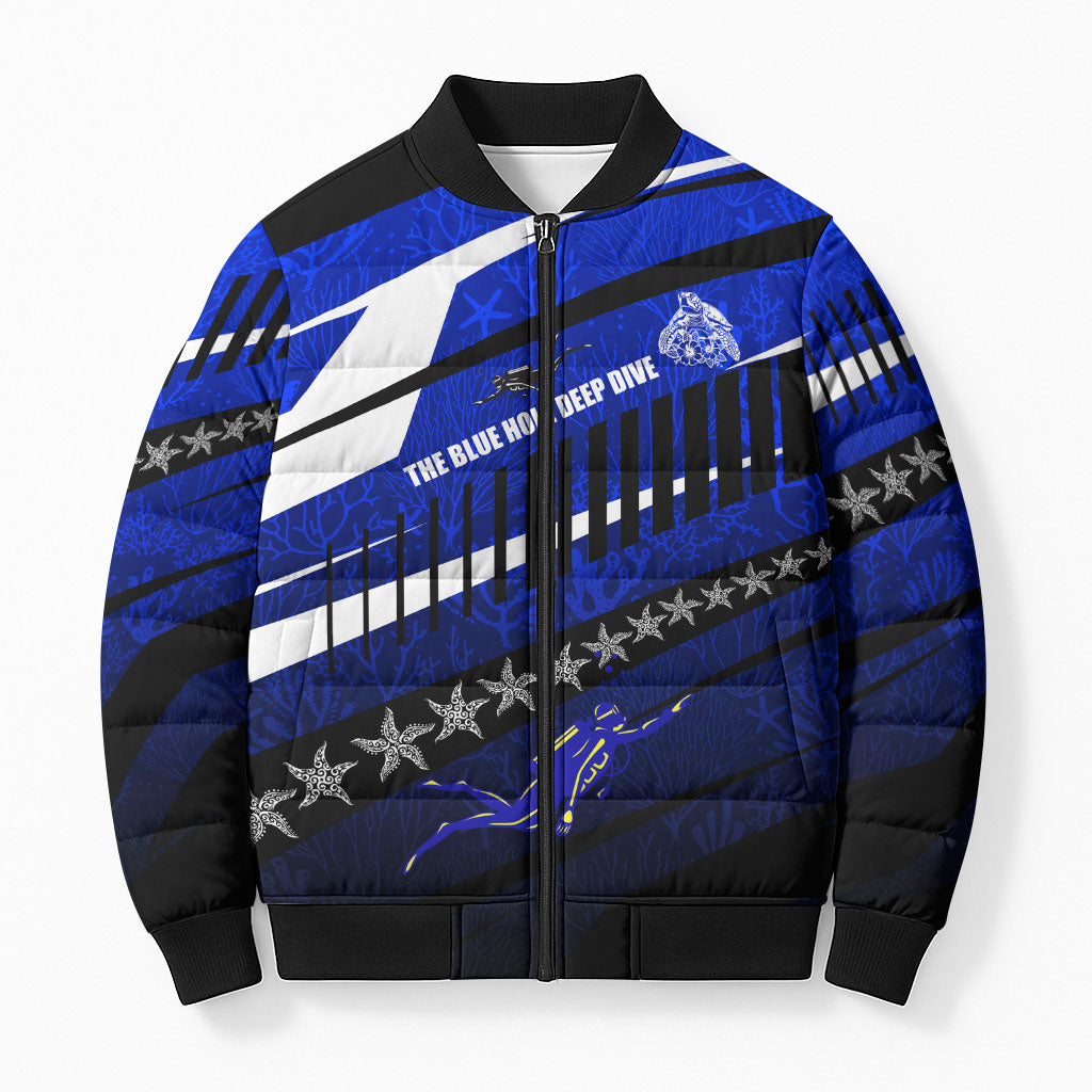 Kosrae Deep Sea Scuba Diving Bomber Puffer Jacket Blue Hole Beneath The Surface Coral Reef Graphic Art TS04 Unisex Blue Black - Polynesian Pride