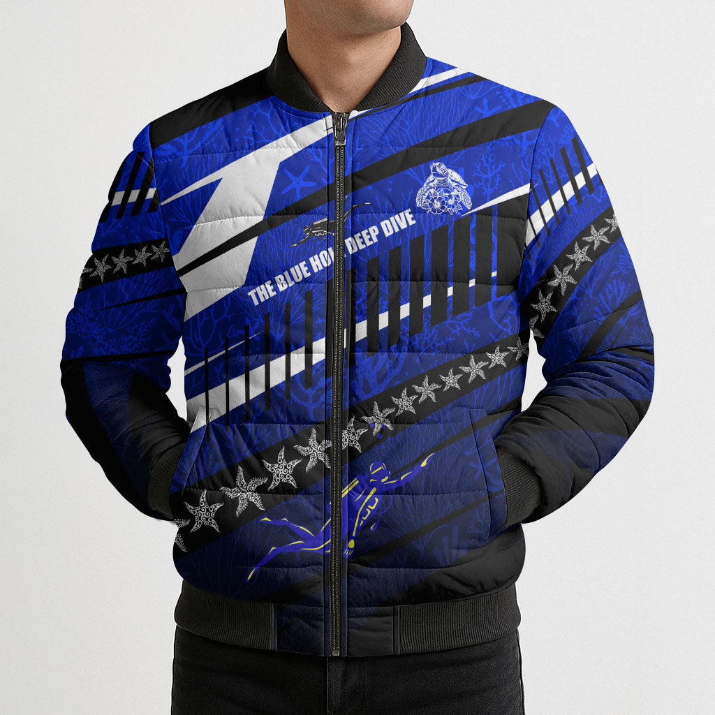 Kosrae Deep Sea Scuba Diving Bomber Puffer Jacket Blue Hole Beneath The Surface Coral Reef Graphic Art TS04 - Polynesian Pride
