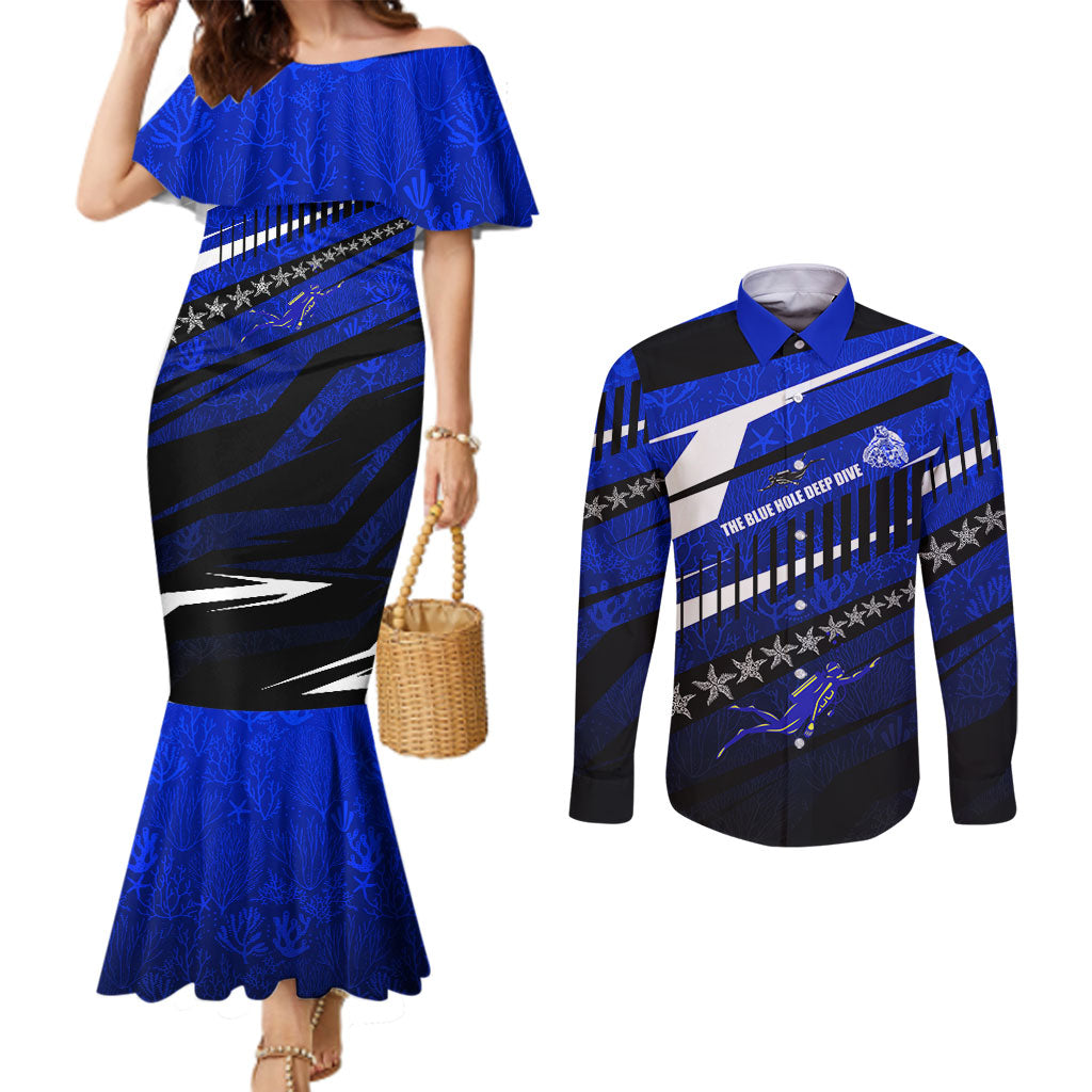 Kosrae Deep Sea Scuba Diving Couples Matching Mermaid Dress and Long Sleeve Button Shirt Blue Hole Beneath The Surface Coral Reef Graphic Art TS04 Blue Black - Polynesian Pride