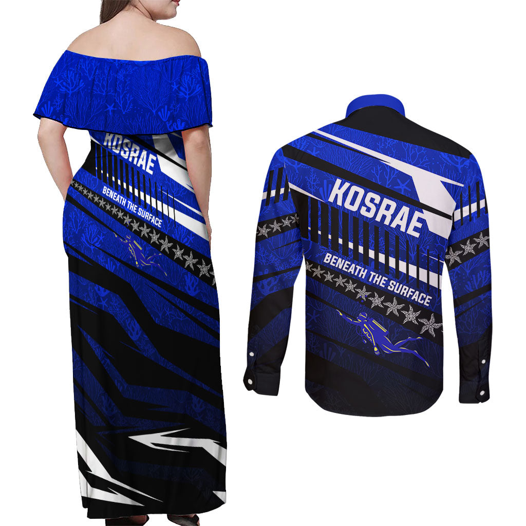 Kosrae Deep Sea Scuba Diving Couples Matching Off Shoulder Maxi Dress and Long Sleeve Button Shirt Blue Hole Beneath The Surface Coral Reef Graphic Art TS04 - Polynesian Pride