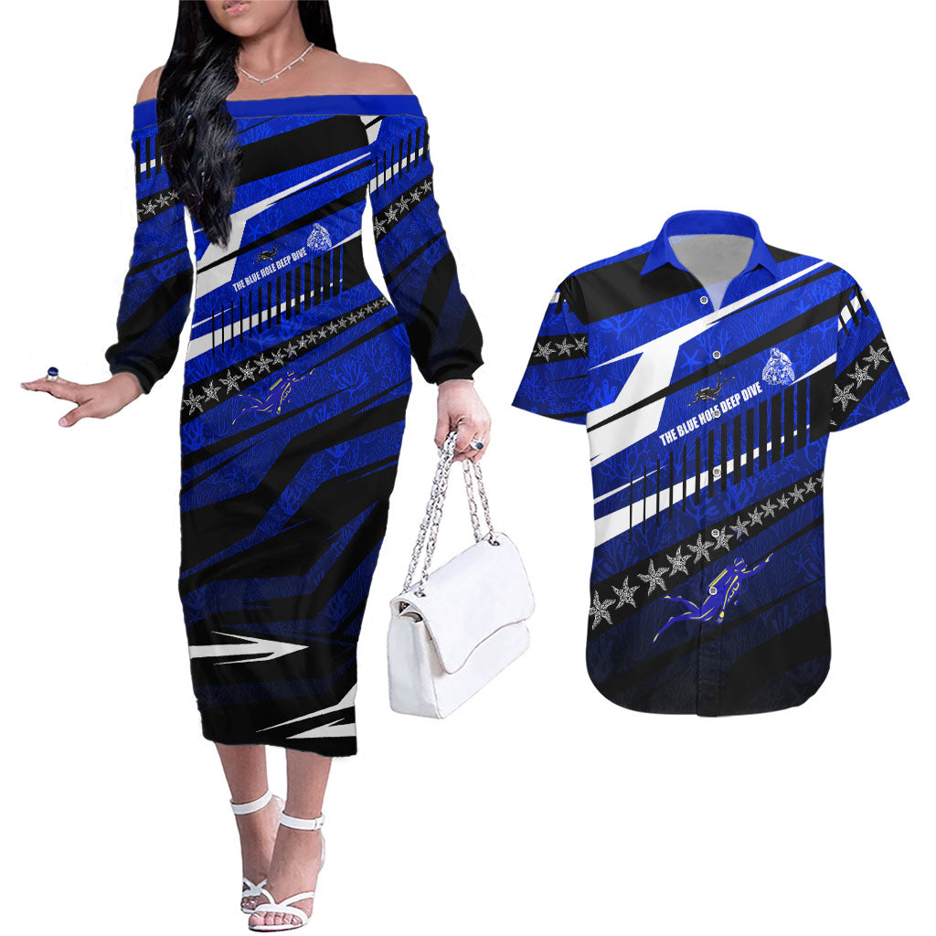 Kosrae Deep Sea Scuba Diving Couples Matching Off The Shoulder Long Sleeve Dress and Hawaiian Shirt Blue Hole Beneath The Surface Coral Reef Graphic Art TS04 Blue Black - Polynesian Pride