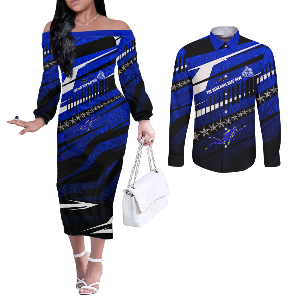 Kosrae Deep Sea Scuba Diving Couples Matching Off The Shoulder Long Sleeve Dress and Long Sleeve Button Shirt Blue Hole Beneath The Surface Coral Reef Graphic Art TS04 Blue Black - Polynesian Pride