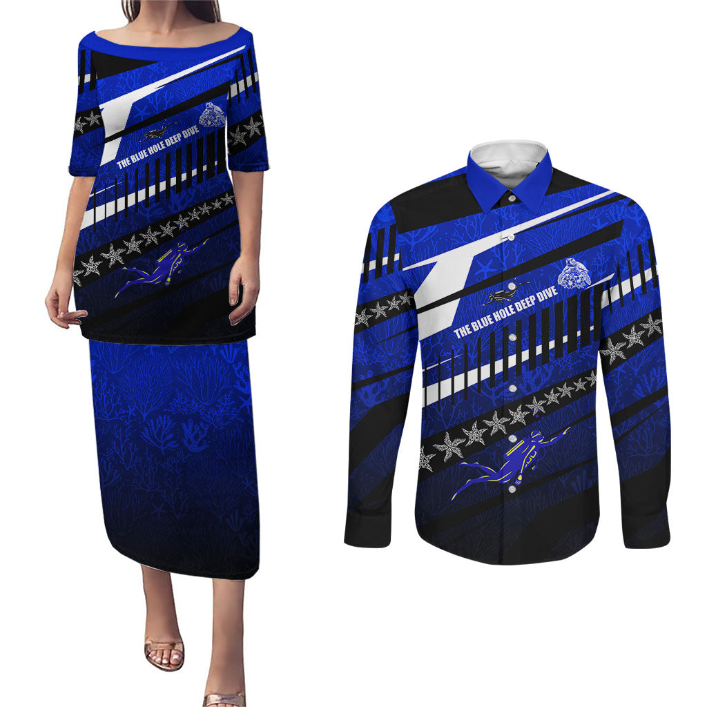 Kosrae Deep Sea Scuba Diving Couples Matching Puletasi and Long Sleeve Button Shirt Blue Hole Beneath The Surface Coral Reef Graphic Art TS04 Blue Black - Polynesian Pride