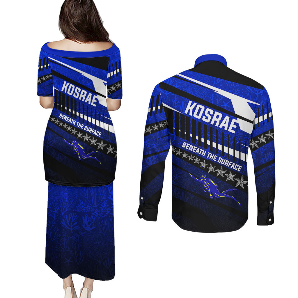 Kosrae Deep Sea Scuba Diving Couples Matching Puletasi and Long Sleeve Button Shirt Blue Hole Beneath The Surface Coral Reef Graphic Art TS04 - Polynesian Pride
