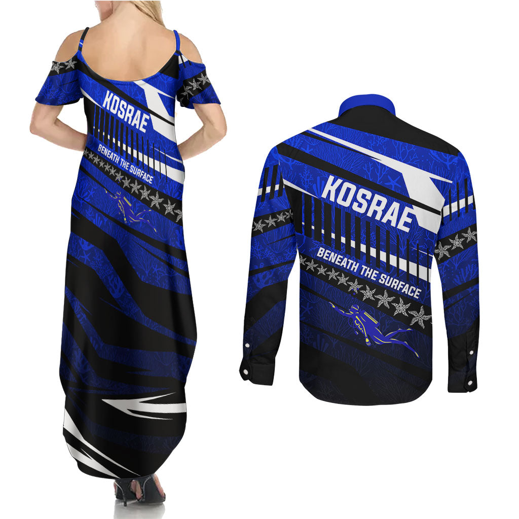 Kosrae Deep Sea Scuba Diving Couples Matching Summer Maxi Dress and Long Sleeve Button Shirt Blue Hole Beneath The Surface Coral Reef Graphic Art TS04 - Polynesian Pride
