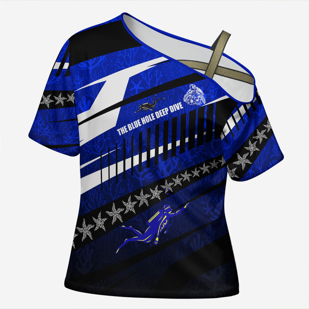 Kosrae Deep Sea Scuba Diving Cross Shoulder Shirt Blue Hole Beneath The Surface Coral Reef Graphic Art TS04 Female Blue Black - Polynesian Pride