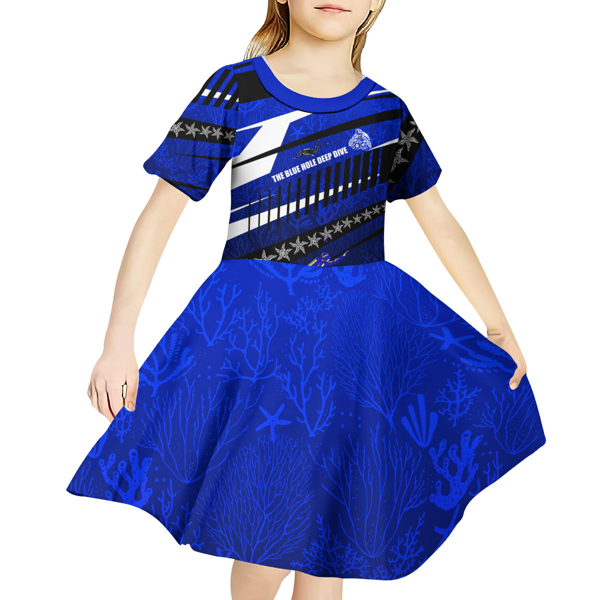 Kosrae Deep Sea Scuba Diving Kid Short Sleeve Dress Blue Hole Beneath The Surface Coral Reef Graphic Art TS04 - Polynesian Pride