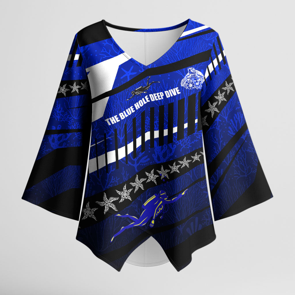 Kosrae Deep Sea Scuba Diving Kimono Sleeve Blouse Blue Hole Beneath The Surface Coral Reef Graphic Art TS04 Female Blue Black - Polynesian Pride