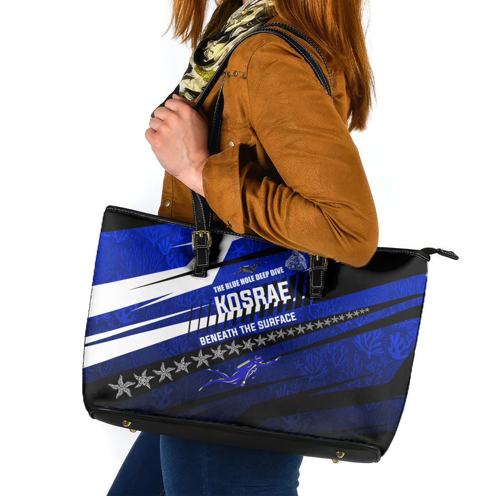 Kosrae Deep Sea Scuba Diving Leather Tote Bag Blue Hole Beneath The Surface Coral Reef Graphic Art TS04 Blue Black - Polynesian Pride