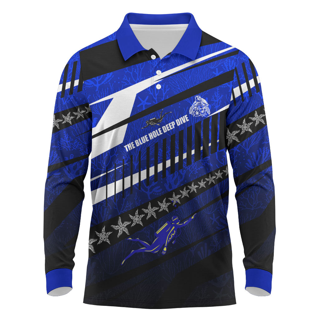 Kosrae Deep Sea Scuba Diving Long Sleeve Polo Shirt Blue Hole Beneath The Surface Coral Reef Graphic Art TS04 Blue Black - Polynesian Pride