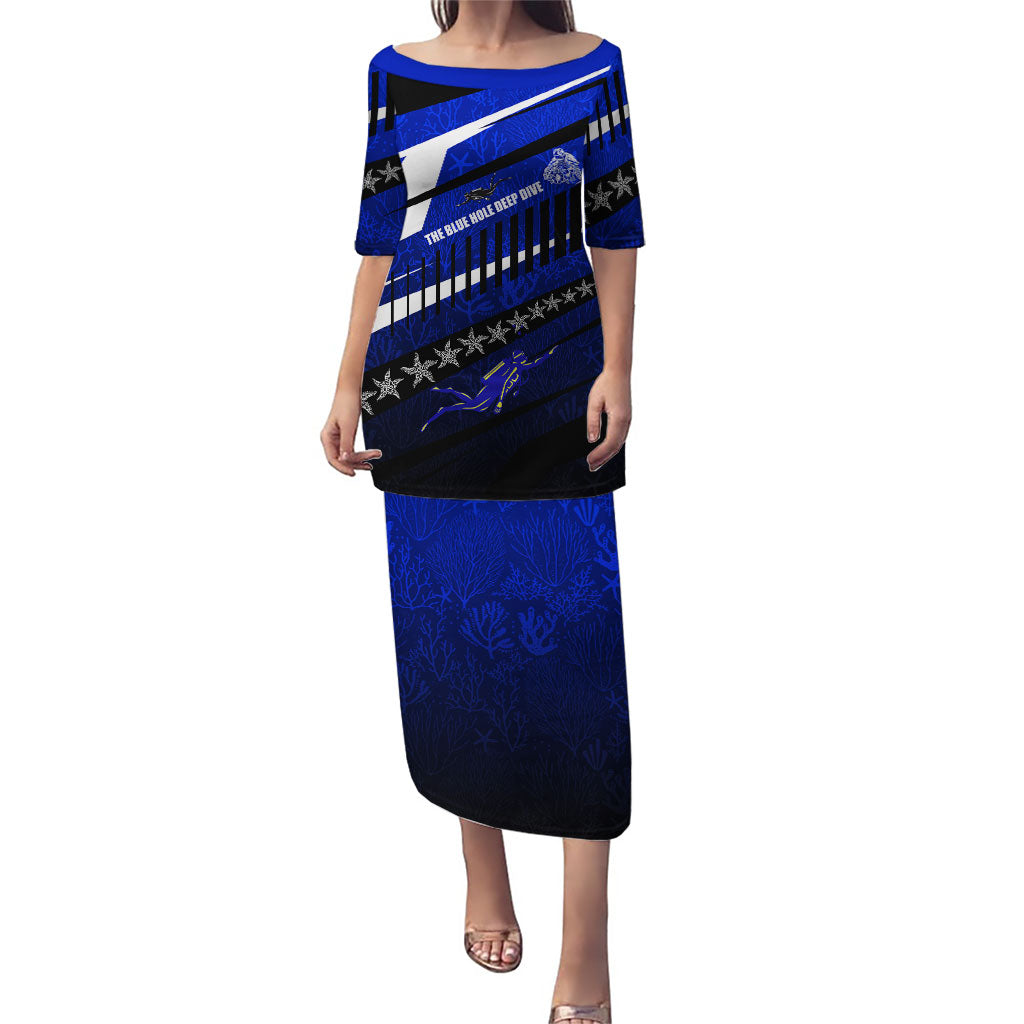 Kosrae Deep Sea Scuba Diving Puletasi Blue Hole Beneath The Surface Coral Reef Graphic Art TS04 Long Dress Blue Black - Polynesian Pride
