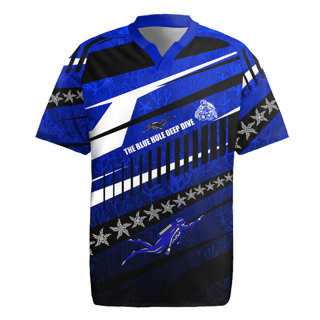 Kosrae Deep Sea Scuba Diving Rugby Jersey Blue Hole Beneath The Surface Coral Reef Graphic Art TS04 Blue Black - Polynesian Pride