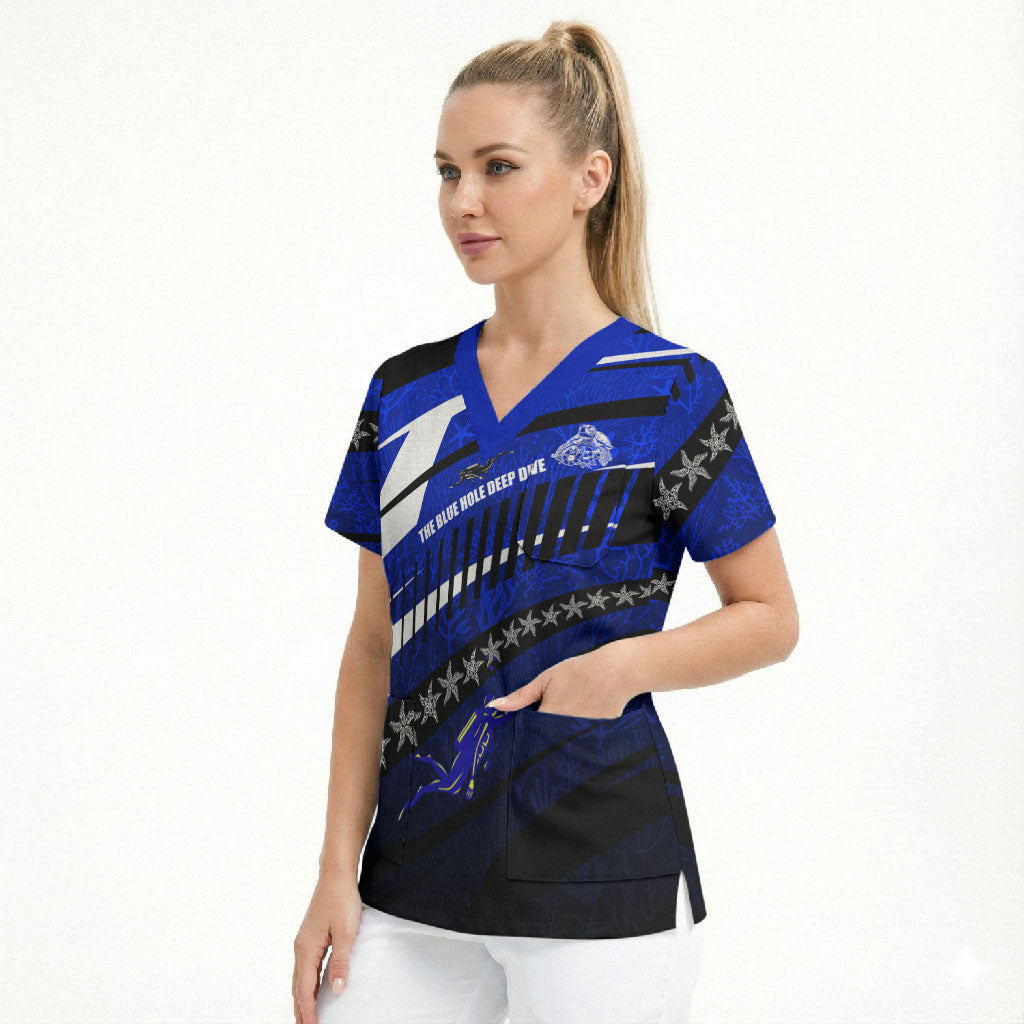 Kosrae Deep Sea Scuba Diving Scrub Top Blue Hole Beneath The Surface Coral Reef Graphic Art TS04 - Polynesian Pride