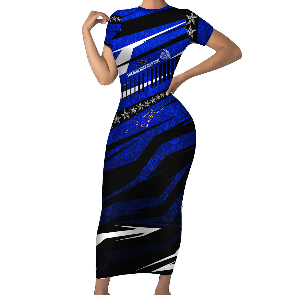 Kosrae Deep Sea Scuba Diving Short Sleeve Bodycon Dress Blue Hole Beneath The Surface Coral Reef Graphic Art TS04 Long Dress Blue Black - Polynesian Pride