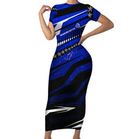 Kosrae Deep Sea Scuba Diving Short Sleeve Bodycon Dress Blue Hole Beneath The Surface Coral Reef Graphic Art TS04 Long Dress Blue Black - Polynesian Pride