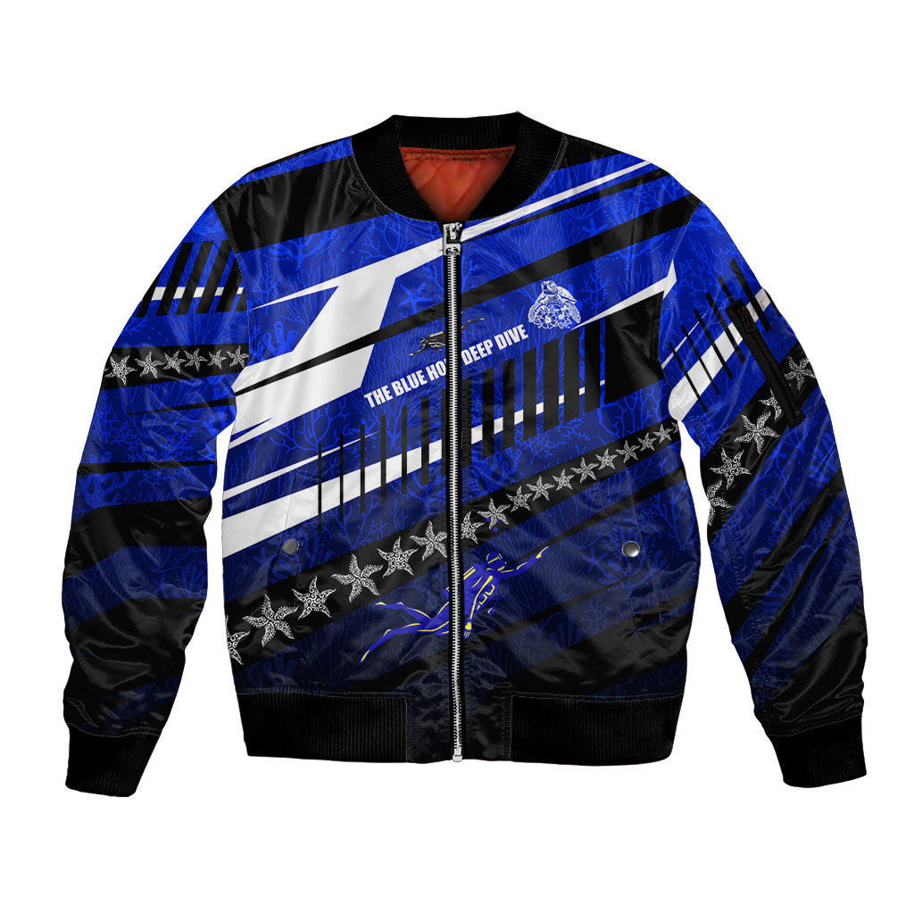 Kosrae Deep Sea Scuba Diving Sleeve Zip Bomber Jacket Blue Hole Beneath The Surface Coral Reef Graphic Art TS04 Unisex Blue Black - Polynesian Pride