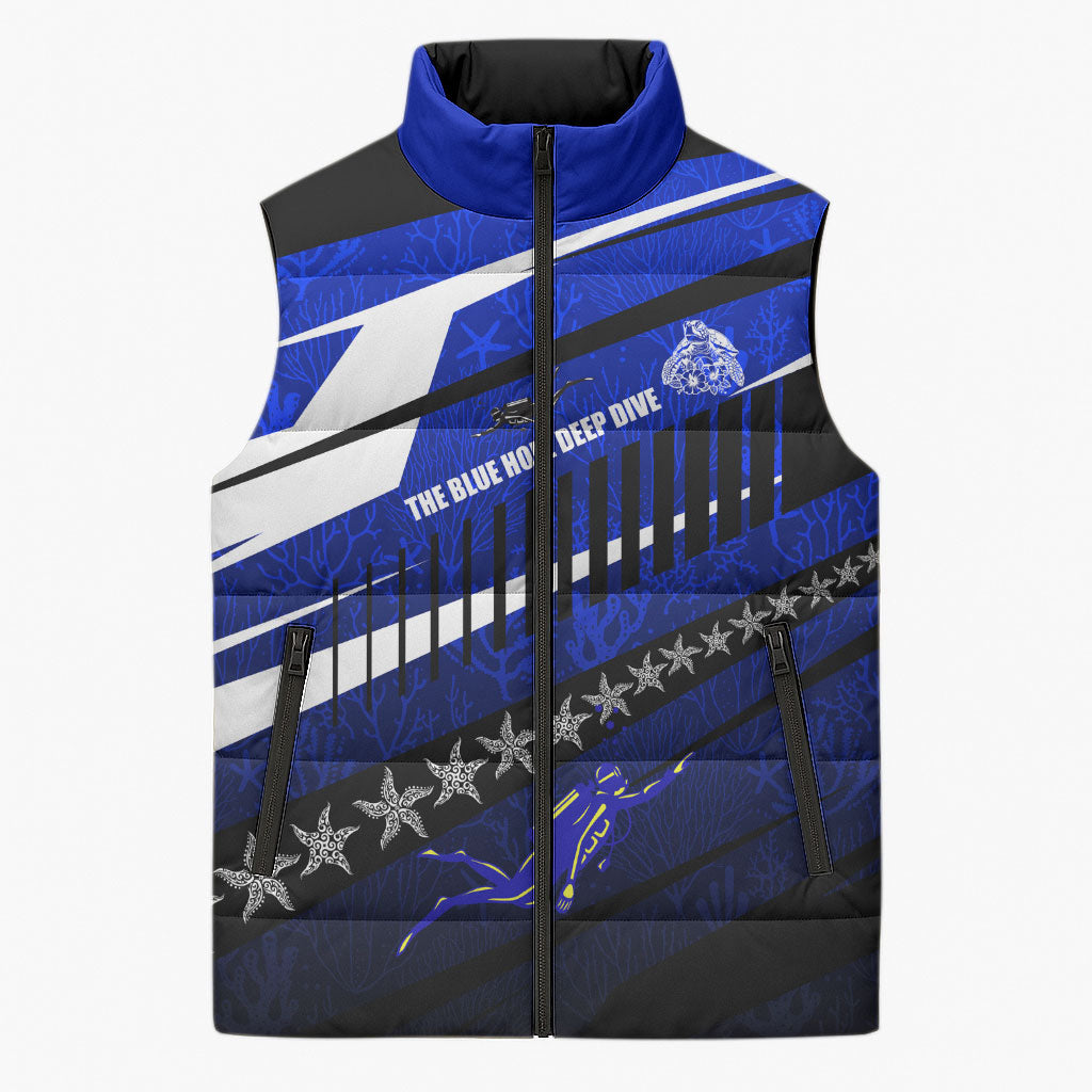 Kosrae Deep Sea Scuba Diving Sleeveless Puffer Jacket Blue Hole Beneath The Surface Coral Reef Graphic Art TS04 Unisex Blue Black - Polynesian Pride