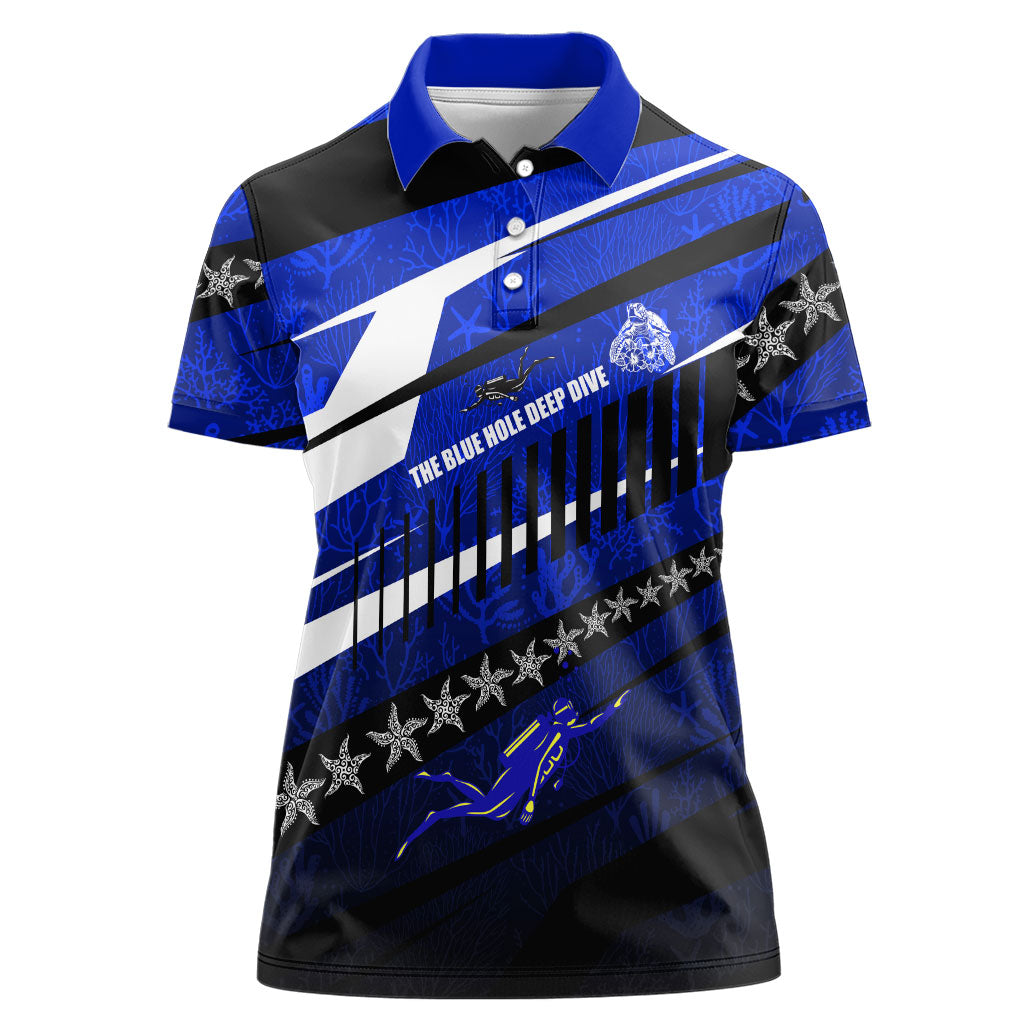 Kosrae Deep Sea Scuba Diving Women Polo Shirt Blue Hole Beneath The Surface Coral Reef Graphic Art TS04 Female Blue Black - Polynesian Pride