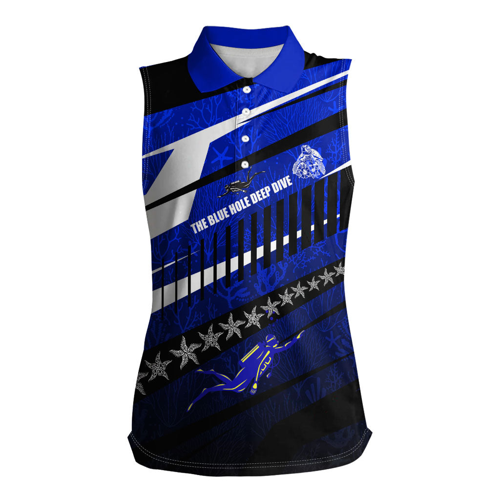 Kosrae Deep Sea Scuba Diving Women Sleeveless Polo Shirt Blue Hole Beneath The Surface Coral Reef Graphic Art TS04 Female Blue Black - Polynesian Pride