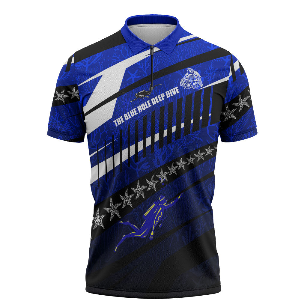 Kosrae Deep Sea Scuba Diving Zipper Polo Shirt Blue Hole Beneath The Surface Coral Reef Graphic Art TS04 Blue Black - Polynesian Pride