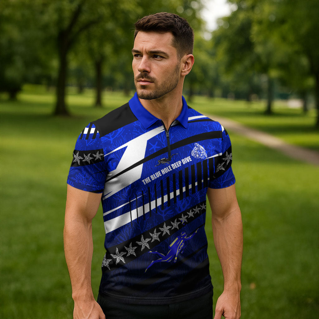 Kosrae Deep Sea Scuba Diving Zipper Polo Shirt Blue Hole Beneath The Surface Coral Reef Graphic Art TS04 - Polynesian Pride