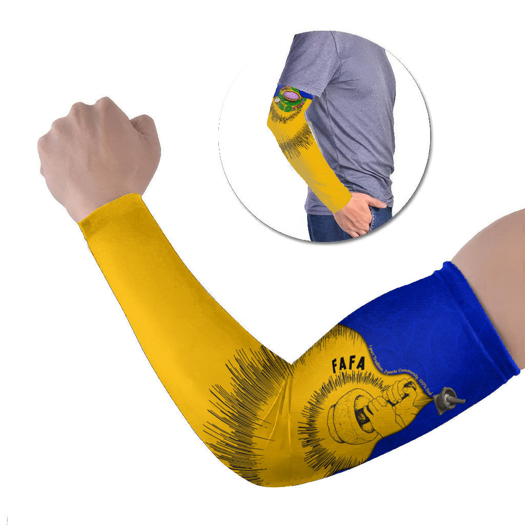 Kosrae Fafa Culinary Heritage Arm Sleeves Kosraean Gold Taro Tradition Illustration With Coconut Leaves TS04 Set of 2 Blue Yellow - Polynesian Pride