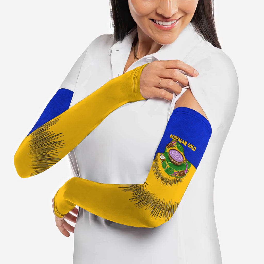 Kosrae Fafa Culinary Heritage Arm Sleeves Kosraean Gold Taro Tradition Illustration With Coconut Leaves TS04 - Polynesian Pride