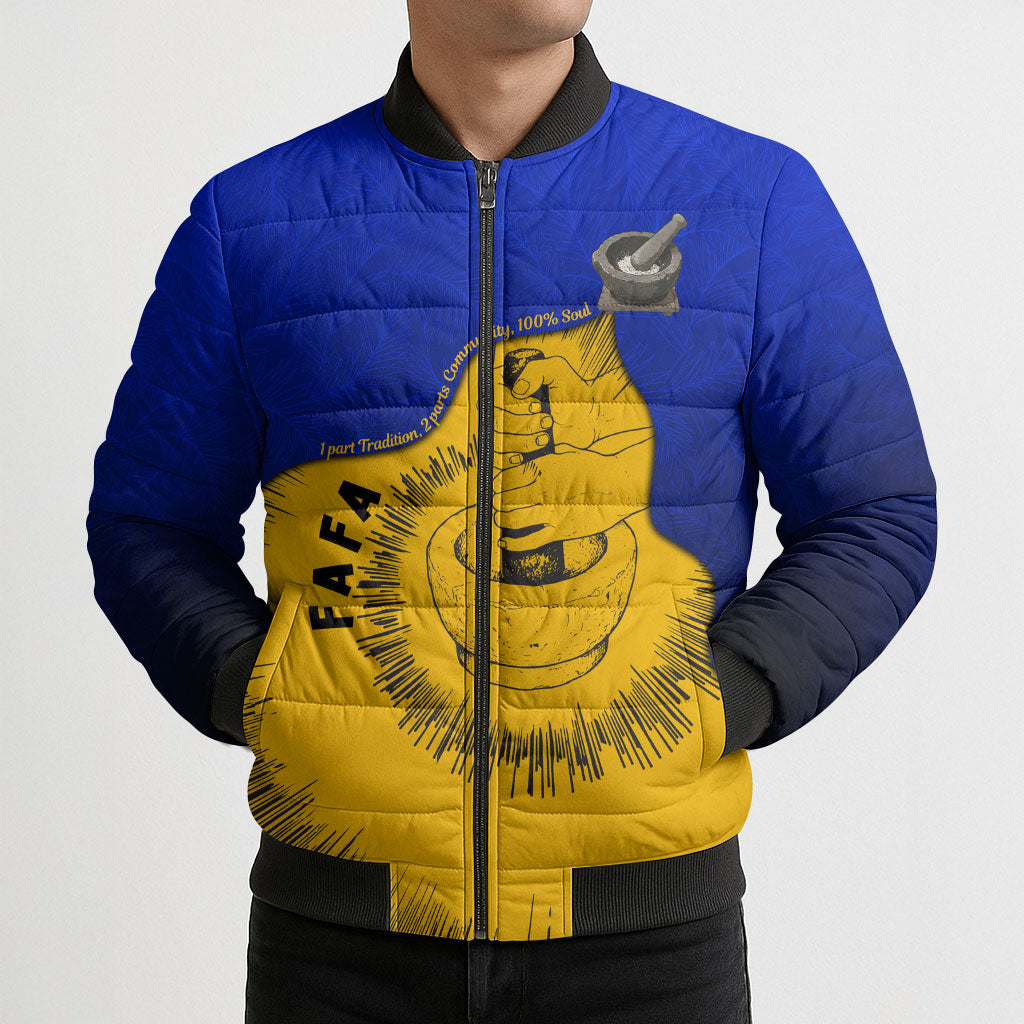 Kosrae Fafa Culinary Heritage Bomber Puffer Jacket Kosraean Gold Taro Tradition Illustration With Coconut Leaves TS04 - Polynesian Pride