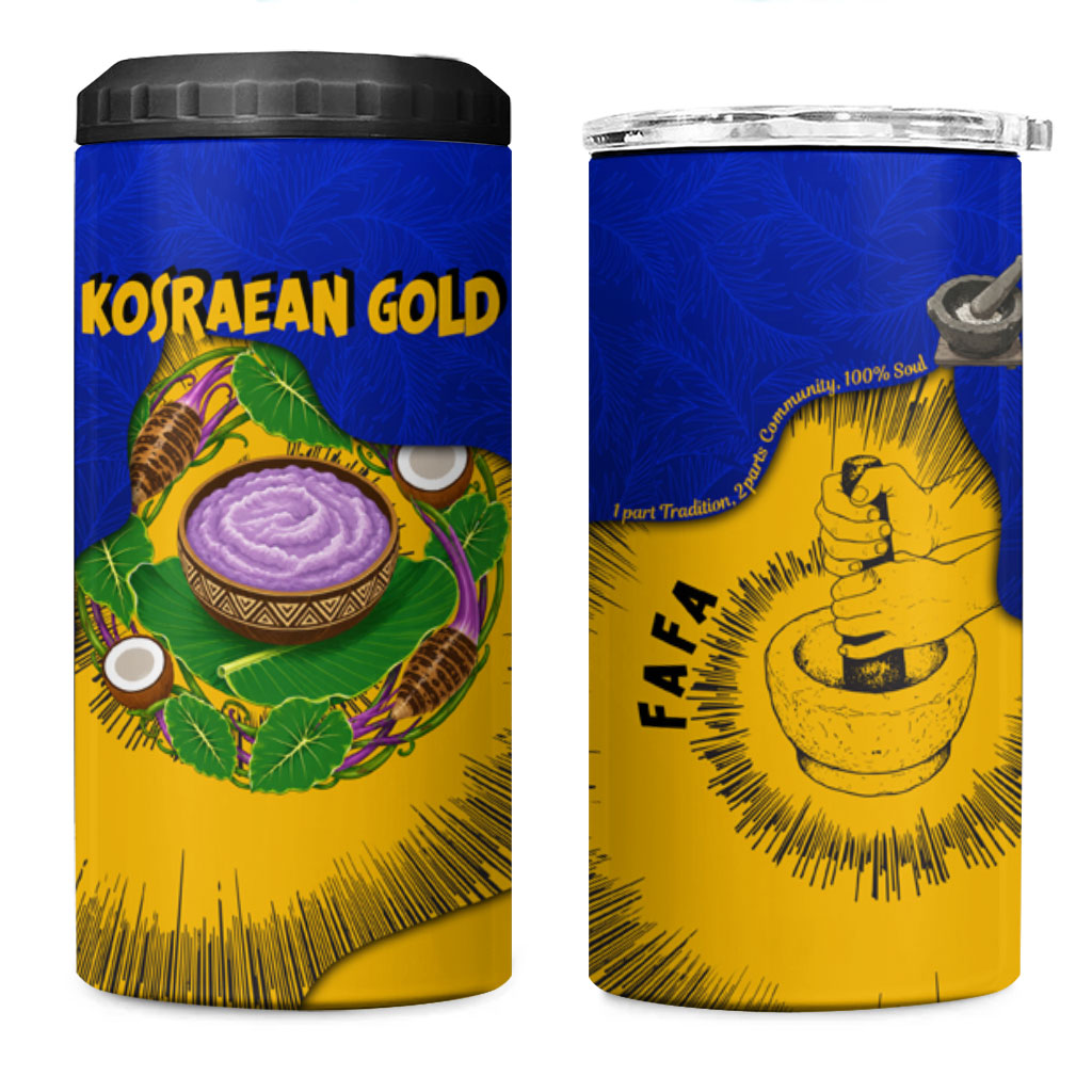 Kosrae Fafa Culinary Heritage 4 in 1 Can Cooler Tumbler Kosraean Gold Taro Tradition Illustration With Coconut Leaves TS04 One Size: 16 oz Blue Yellow - Polynesian Pride