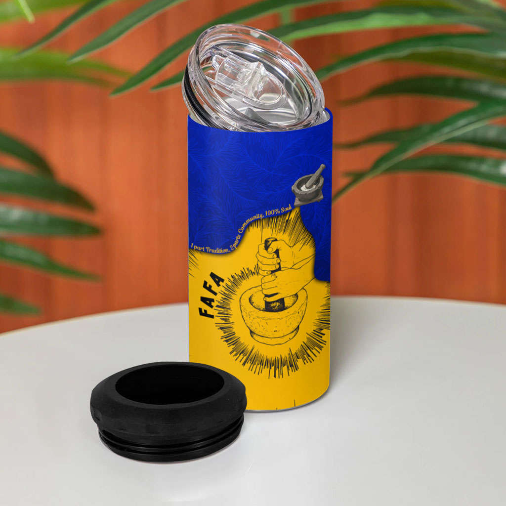 Kosrae Fafa Culinary Heritage 4 in 1 Can Cooler Tumbler Kosraean Gold Taro Tradition Illustration With Coconut Leaves