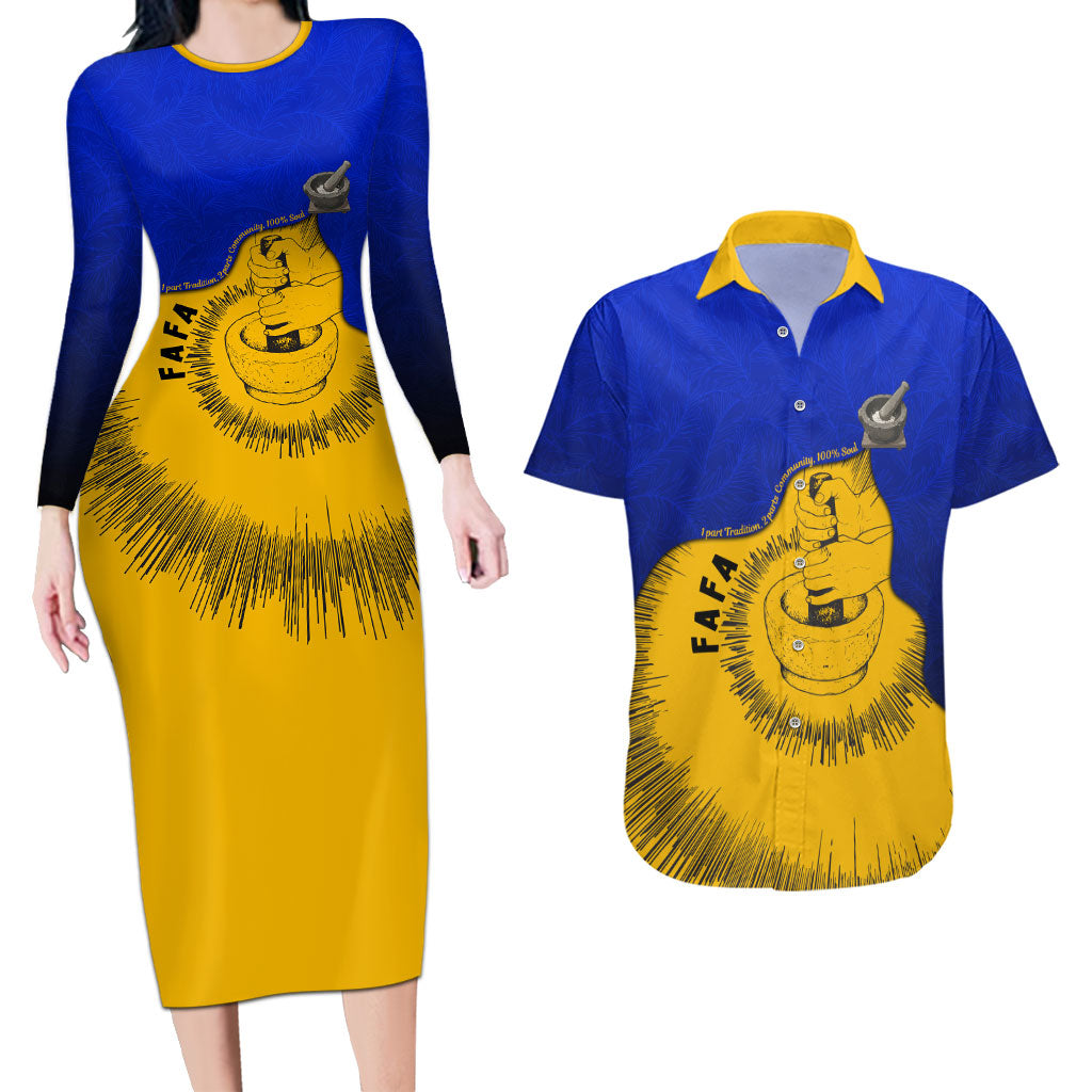 Kosrae Fafa Culinary Heritage Couples Matching Long Sleeve Bodycon Dress and Hawaiian Shirt Kosraean Gold Taro Tradition Illustration With Coconut Leaves TS04 Blue Yellow - Polynesian Pride