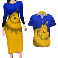 Kosrae Fafa Culinary Heritage Couples Matching Long Sleeve Bodycon Dress and Hawaiian Shirt Kosraean Gold Taro Tradition Illustration With Coconut Leaves TS04 Blue Yellow - Polynesian Pride