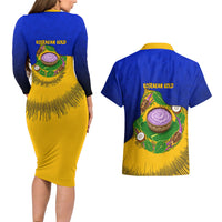 Kosrae Fafa Culinary Heritage Couples Matching Long Sleeve Bodycon Dress and Hawaiian Shirt Kosraean Gold Taro Tradition Illustration With Coconut Leaves TS04 - Polynesian Pride