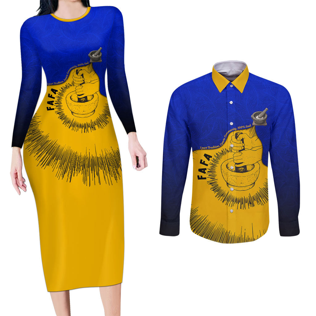 Kosrae Fafa Culinary Heritage Couples Matching Long Sleeve Bodycon Dress and Long Sleeve Button Shirt Kosraean Gold Taro Tradition Illustration With Coconut Leaves TS04 Blue Yellow - Polynesian Pride