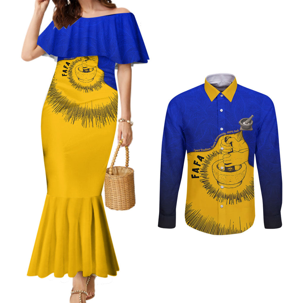 Kosrae Fafa Culinary Heritage Couples Matching Mermaid Dress and Long Sleeve Button Shirt Kosraean Gold Taro Tradition Illustration With Coconut Leaves TS04 Blue Yellow - Polynesian Pride