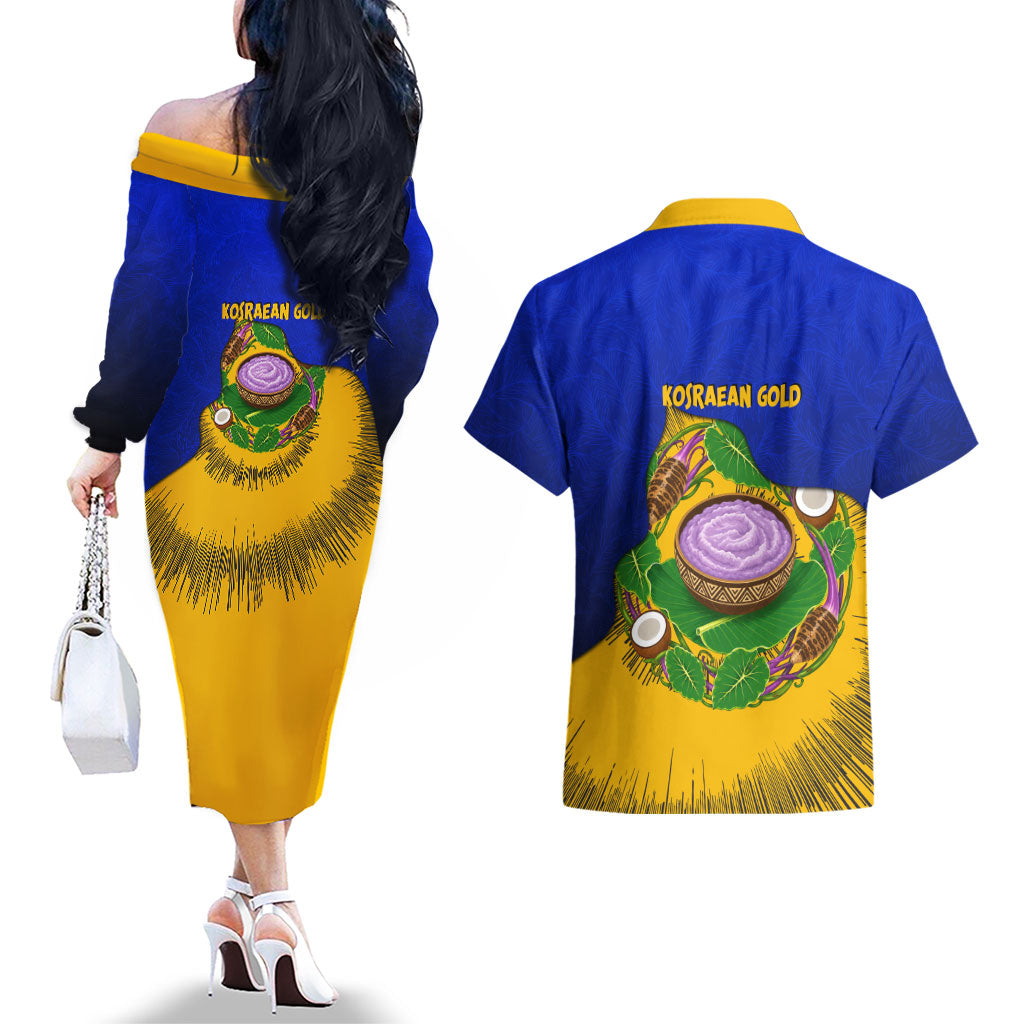 Kosrae Fafa Culinary Heritage Couples Matching Off The Shoulder Long Sleeve Dress and Hawaiian Shirt Kosraean Gold Taro Tradition Illustration With Coconut Leaves TS04 - Polynesian Pride