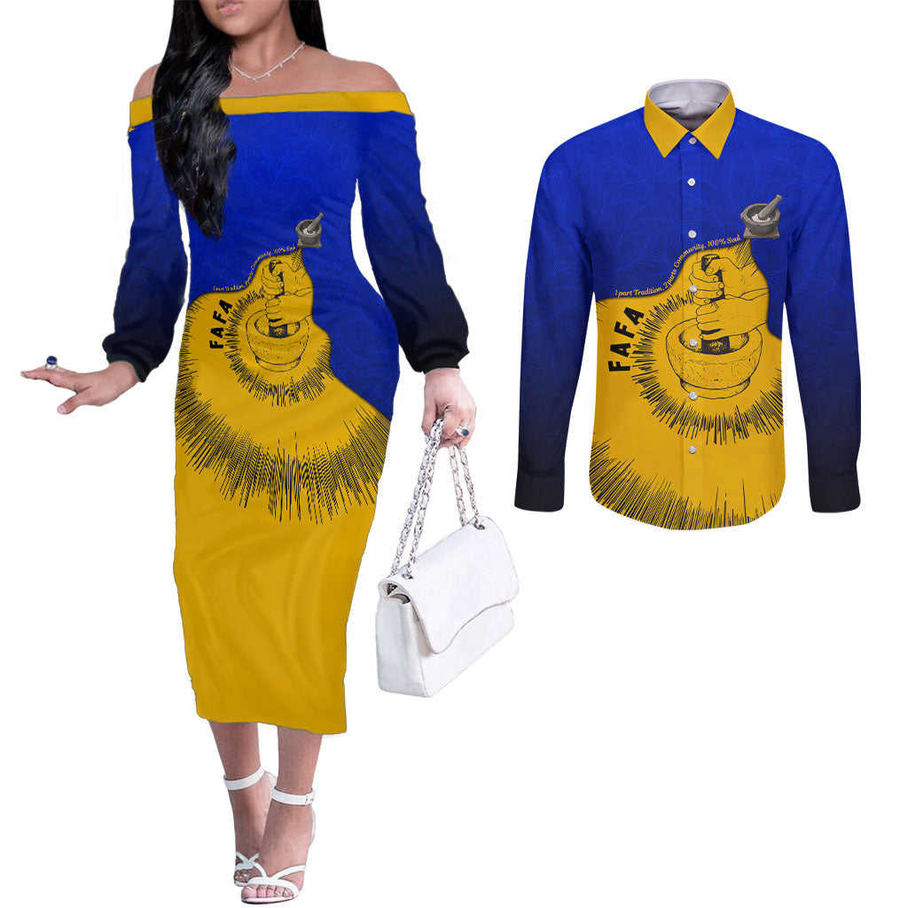 Kosrae Fafa Culinary Heritage Couples Matching Off The Shoulder Long Sleeve Dress and Long Sleeve Button Shirt Kosraean Gold Taro Tradition Illustration With Coconut Leaves TS04 Blue Yellow - Polynesian Pride
